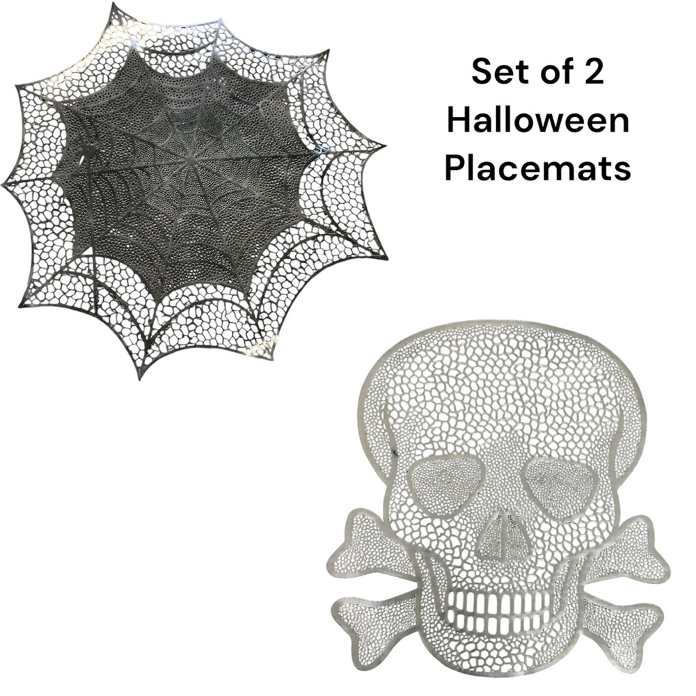 Set of 2 Large Halloween Placemats: Silver skull and black spider web.